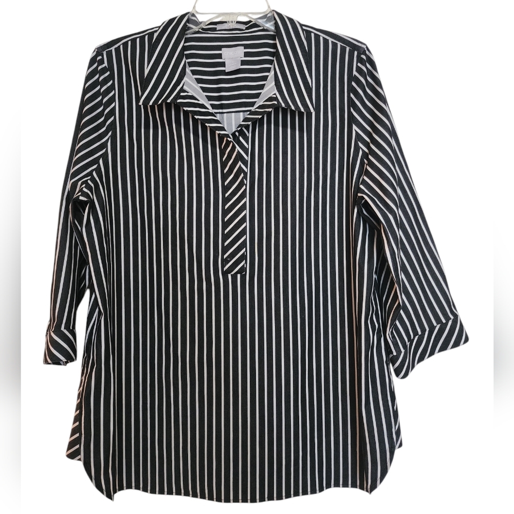 Chico’s Black White Stripe Button Back tunic 3/4 Sleeve SZ Medium
